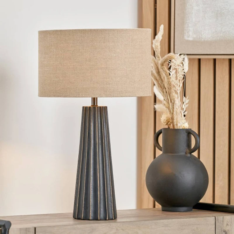 Image of Ruma Mango Wood Textured Cone Table Lamp Black