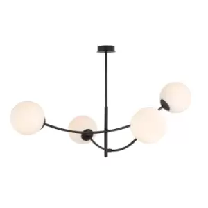 image of Hunter Black Globe Multi Arm Semi Flush Ceiling light with White Glass Shades, 4x E14