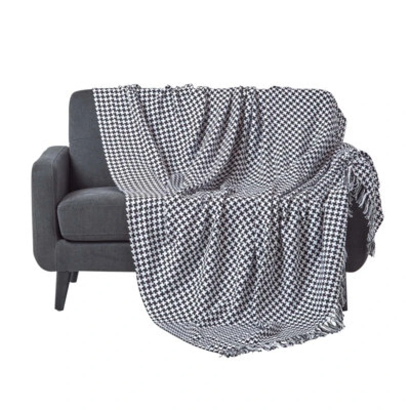 Image of Homescapes Black Houndstooth 100% Cotton Bedspread Throw, 150Cm X 200Cm