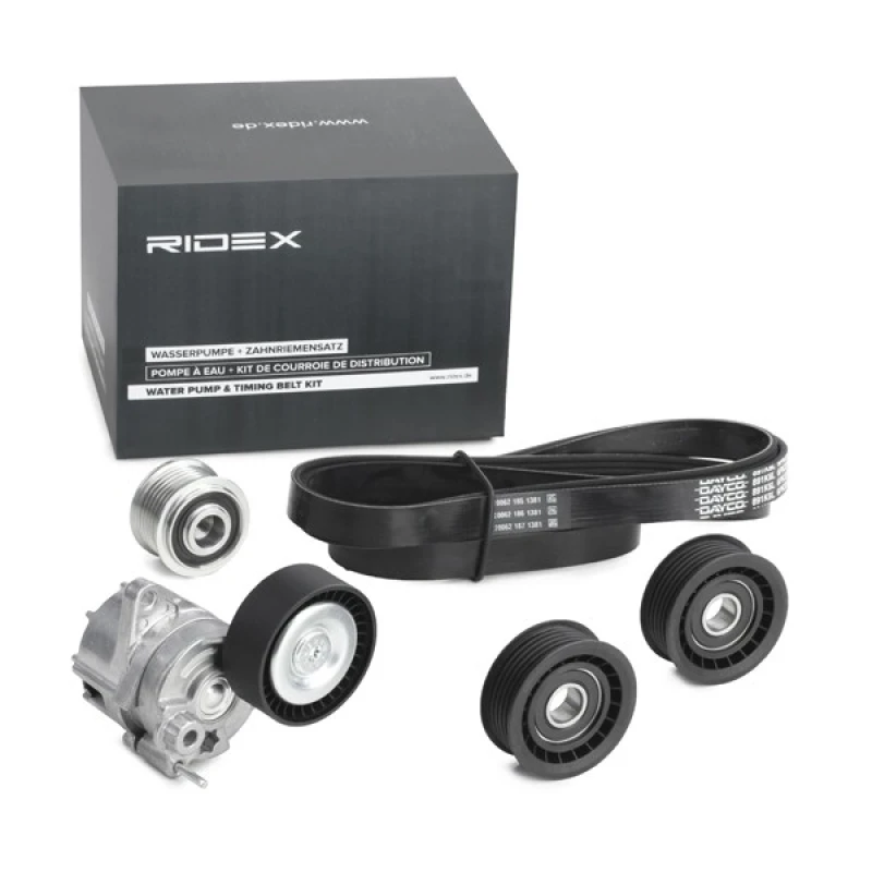 Image of RIDEX 542R0191 V-ribbed belt set with tensioner arm, tensioner pulley, Pulleys: with freewheel belt pulley V-Ribbed Belt Set (542)