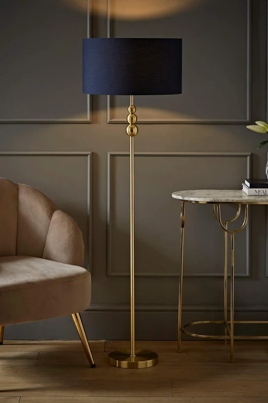 Image of ValueLights ValueLights Marissa Fabric Drum Shade with Brushed Gold Stacked Ball Floor Lamp in Navy Navy One Size Unisex 5059406046414