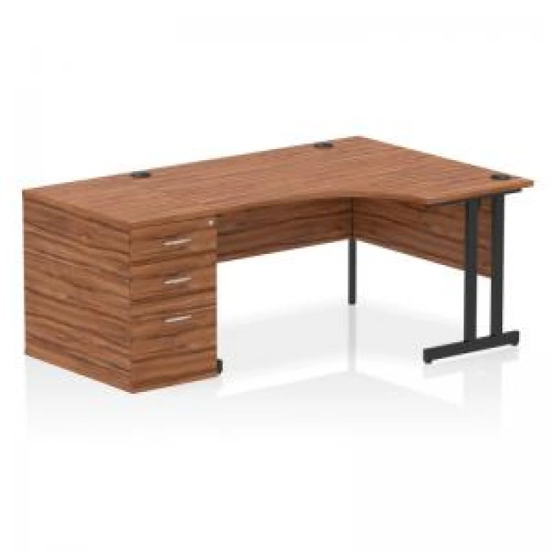 Image of Impulse Impulse 1400mm Right Crescent Office Desk Walnut Top Black Cantilever Leg Workstation 800 Deep Desk High Pedestal IWSRC148BCWNT