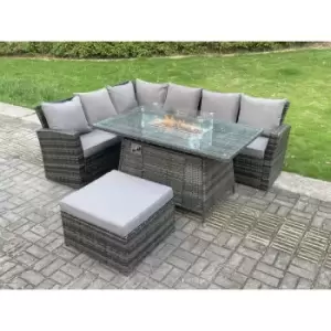 Image of Fimous 6 Seater Outdoor Dark Grey Rattan Lounge Complete Sofa Set with Gas Fire Pit and Big Footstool