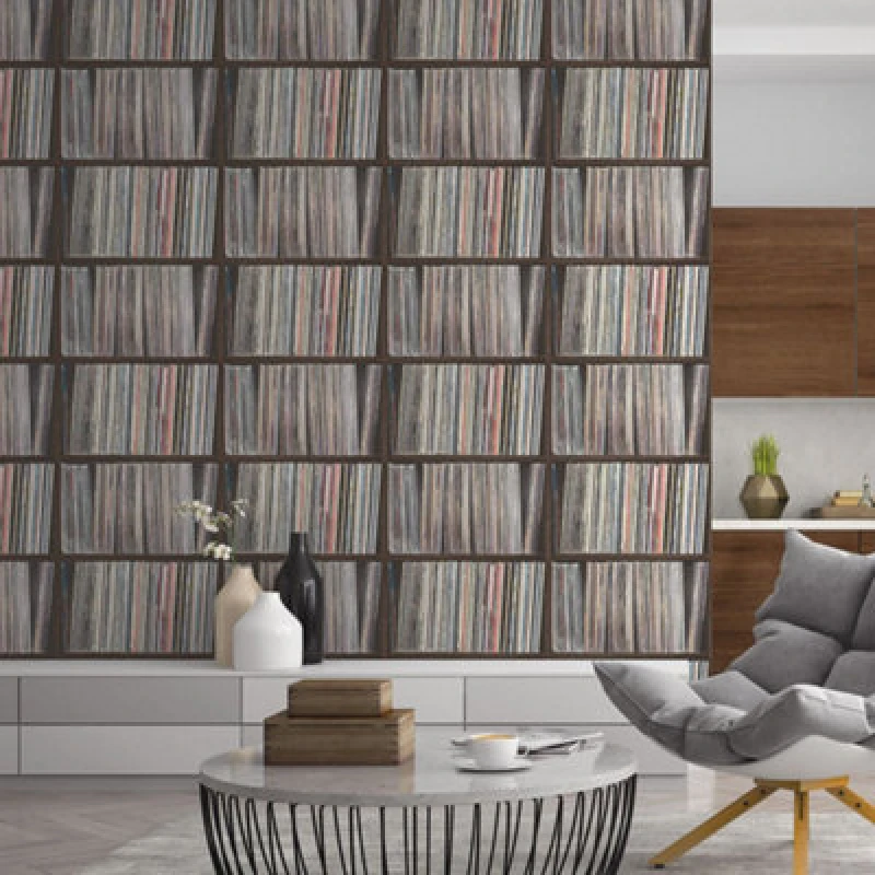 Image of Galerie Grunge Black Multi-Coloured Lp Shelf Smooth Wallpaper