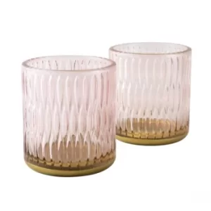 image of Set of Two Tealight Holders Textured Glass Dusky Pink in Gift Box