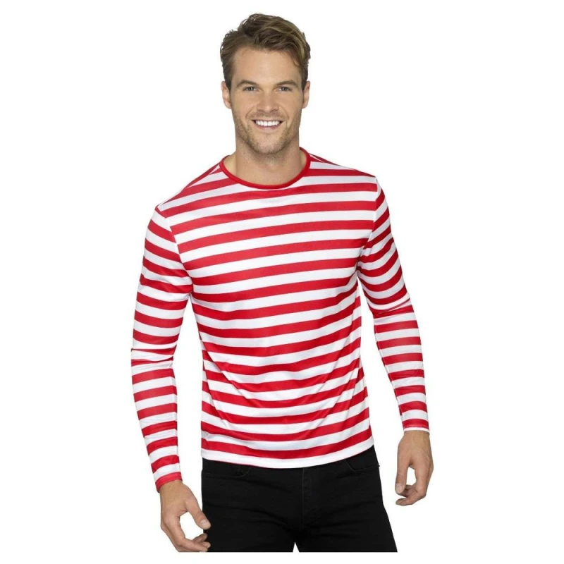 Image of Smiffys Mens Striped Long-Sleeved T-Shirt in Red Size: Small Red Male S