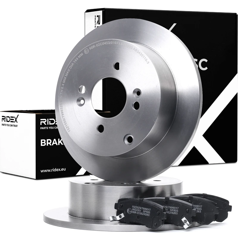 Image of RIDEX 3405B0983 Brake disc and pads set Rear Axle, Brake Disc Type: Solid, with acoustic wear warning Brake Set,disc brakes (3405)
