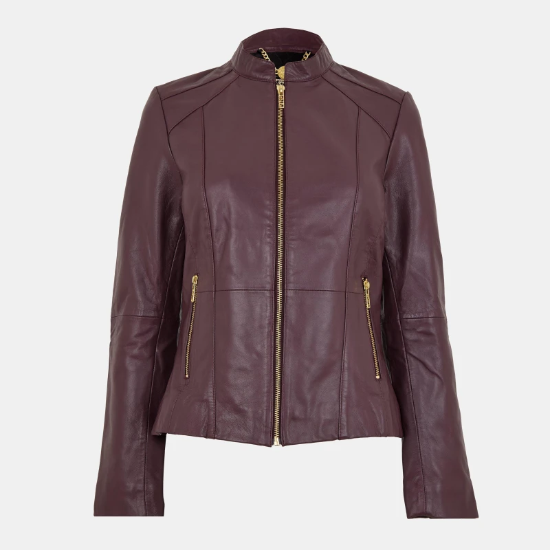 Image of Biba Womens Neru Collar Leather Long Sleeve Leather Jacket Fig female 10 (S)