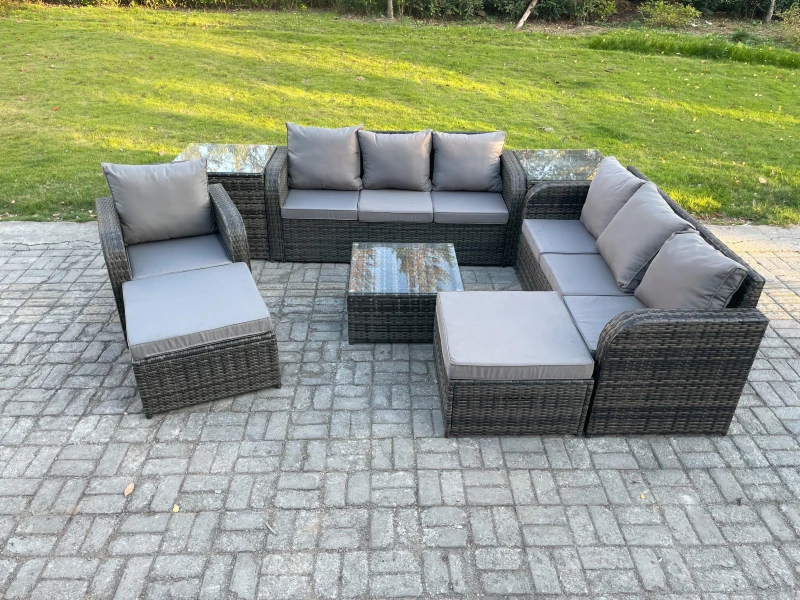 Image of Fimous 9 Seater Outdoor Rattan Garden Furniture Set Conservatory Patio Sofa Coffee Table With Reclining Chair 2 Big Footstool 2 Side Tables Dark Grey