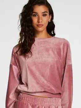 Image of Hunkemoller Long Sleeve Velours Crew Rib Lounge Top, Pink, Size S, Women
