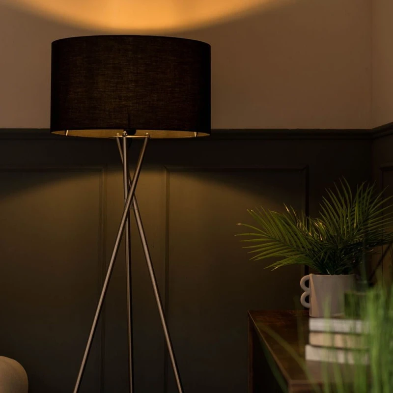 Image of ValueLights ValueLights Camden Polished Chrome Tripod Floor Lamp with Drum Lamp Shade and Bulb in Dark Navy Dark Navy One Size Unisex 5055759991555