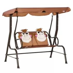 image of Outsunny Two-seat Kids Canopy Swing Chair With Adjustable Awning Seatbelt - Brown