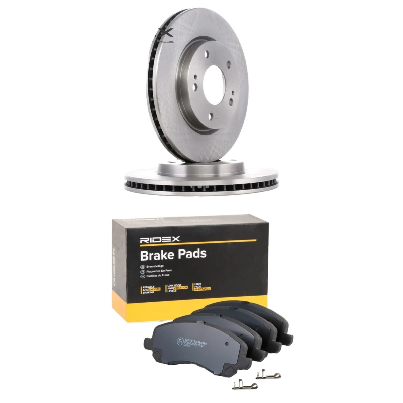 Image of RIDEX 3405B2497 Brake disc and pads set Front Axle, Brake Disc Type: Vented, with acoustic wear warning Brake Set,disc brakes (3405)