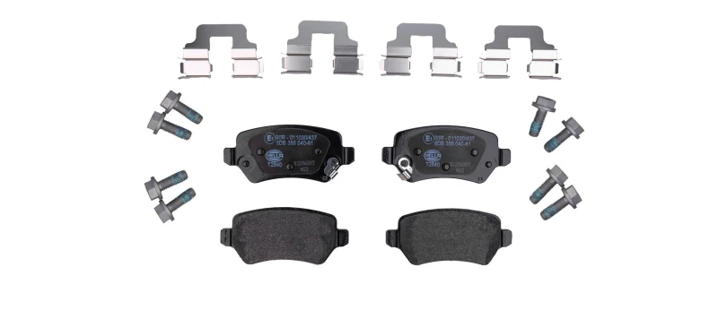 Image of HELLA 8DB 355 040-611 Brake pad set with acoustic wear warning, with accessories, with brake caliper screws Brake Pad Set,disc brake (402)
