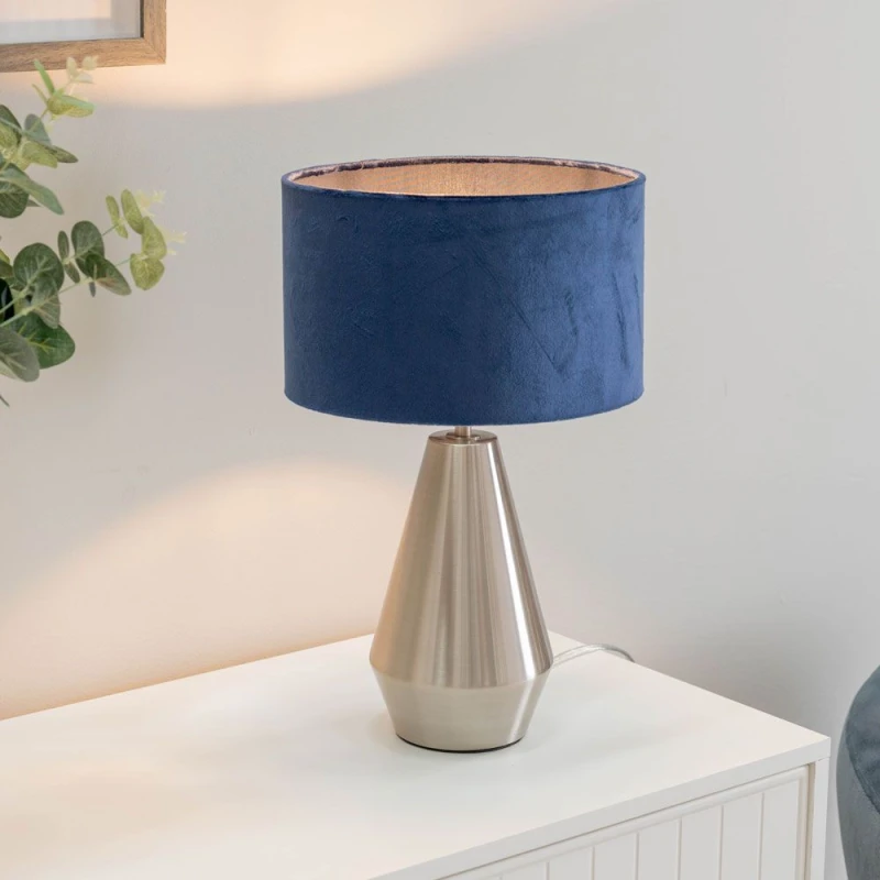 Image of ValueLights Jax Brushed Chrome Dimmable Touch Table Lamp with Velvet Drum Shade Silver