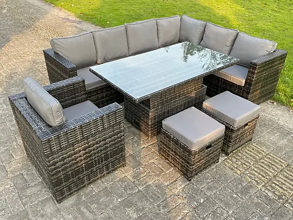 Image of Fimous 7 Seater Outdoor Dark Grey Rattan Lounge Complete Sofa Set Right Side with Adjustable Dining Table and 2 Stools