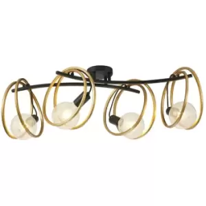 image of Luminosa Wales Double Ring Ceiling Lamp Flush, 4 Light E27, Matt Black, Painted Gold