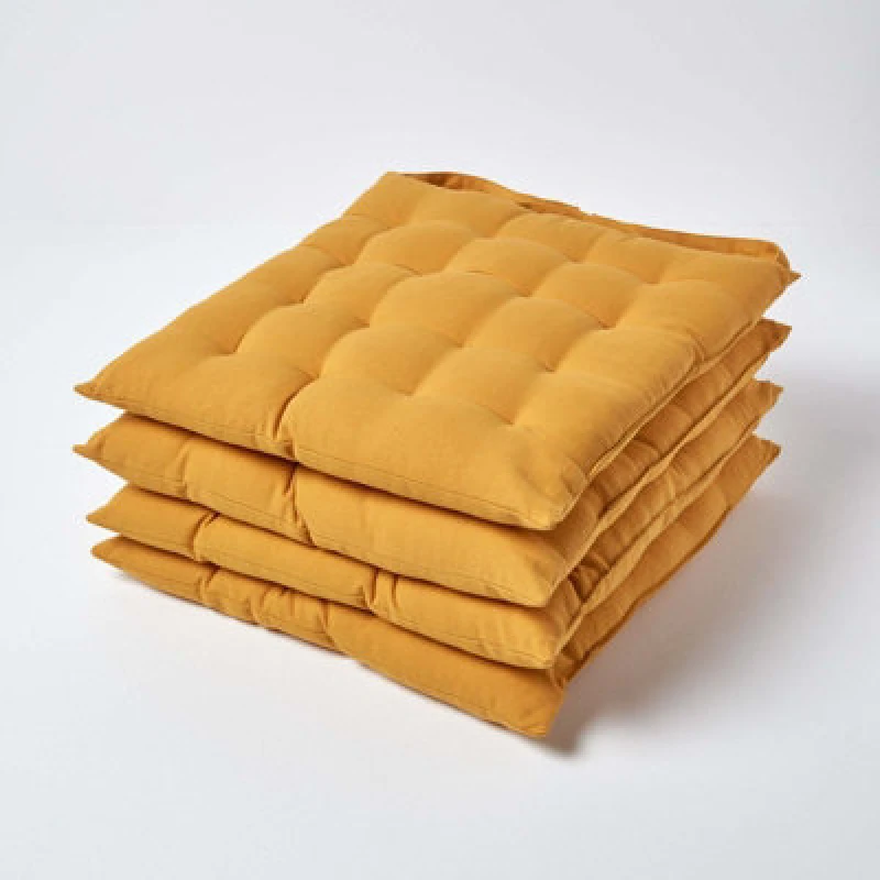 Image of Homescapes Mustard Yellow Seat Pads Or Cotton Chair Cushions 40X40 Cm, Set Of 4 Plain Chair Pads For Dining, Kitchen Or Outdoor