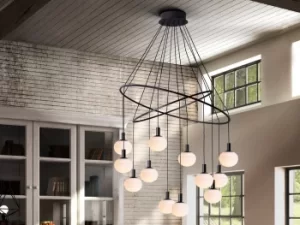 Image of Global Designer 12 Light Globe Ring Ceiling Pendant, Matt Black Finish, Adjustable Height, Dimmable