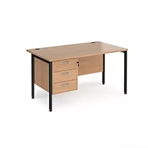 image of Rectangular Straight Desk Beech Wood H-Frame Legs Black Maestro 25 1400 x 800 x 725mm 3 Drawer Pedestal