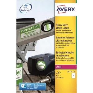 Image of Avery L4775 20 210 x 297mm Heavy Duty Laser Labels 20 Labels
