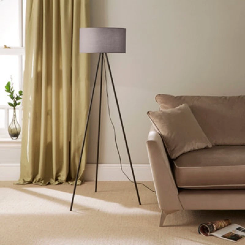 Image of K Living Modern Black Metal Tripod Floor Lamp With Cotton Fabric Lampshade In Grey