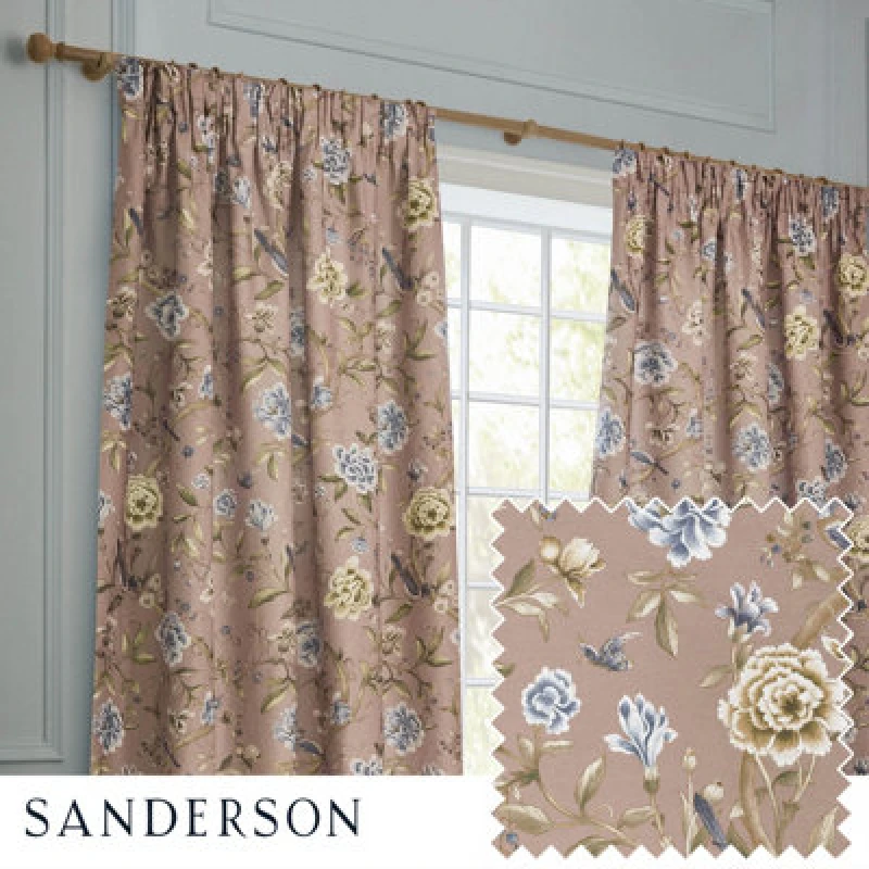 Image of Sanderson Sanderson Porcelain Garden Printed Chenille Room Darkening Pencil Pleat Curtains in Dusty Pink Size: 117cm width x 137cm drop Dusty Pink 1