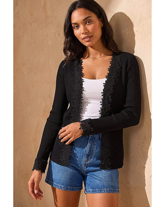 Image of Roman Originals Roman Lace Trim Knit Cardigan Black - Roman Originals - Size: 18 Black Female 18 DB07105