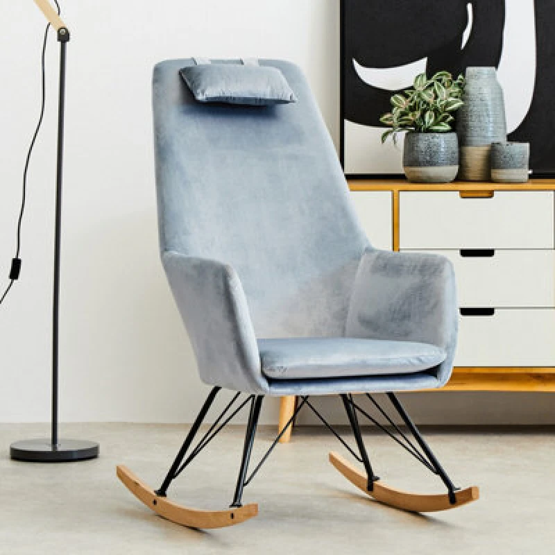 Image of Orsina Easy To Clean Blue Velvet Rocking Chair, Versatile Velvet Accent Chair, High-Back & Comfy Armchair