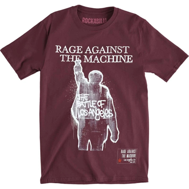Image of Rage Against the Machine Mens BOLA Album Cover Back Print Cotton T-Shirt in Maroon Size: Large Maroon Male L