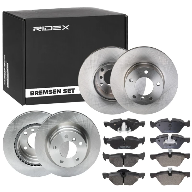 Image of RIDEX 3405B1718 Brake disc and pads set Front Axle, Brake Disc Type: Vented, prepared for wear warning indicator, with piston clip Brake Set,disc bra