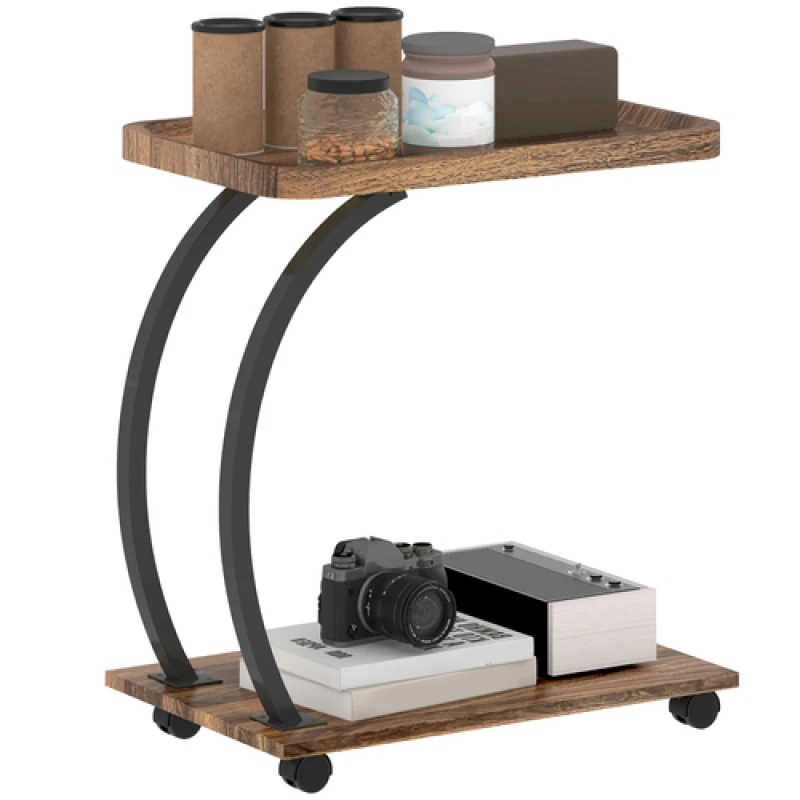 Image of HOMCOM HOMCOM C Shaped Side Table with Storage & Wheels for Living Room, Brown Brown One Size Unisex 5063603079441