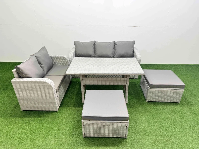 Image of Fimous 7 Seater PE Rattan Wicker Garden Furniture Patio Conservatory Sofa Set with Rectangular Dining Table 3 Seater Sofa Love Sofa 2 Big Footstool Li