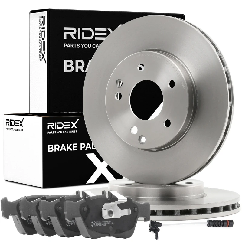 Image of RIDEX 3405B0332 Brake disc and pads set Front Axle, Brake Disc Type: internally vented, prepared for wear warning indicator Brake Set,disc brakes (34
