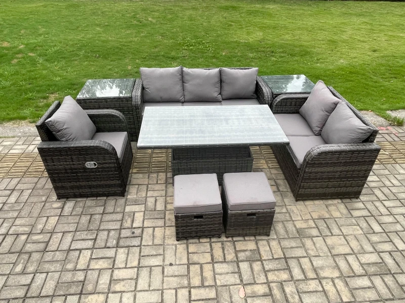 Image of Fimous Rattan Outdoor Furniture Garden Dining Set Patio Height Adjustable Rising lifting Table Reclining Chair Sofa With 2 Small Footstools Dark Grey