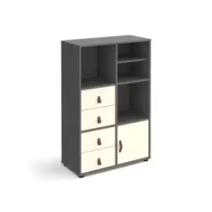 Image of Universal cube storage unit 1295mm high on glides with matching shelf, cupboard and 2 sets of drawers - grey with white inserts