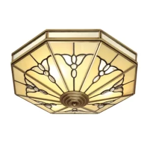 image of Gladstone 4 Light Ceiling Flush Light Antique Brass, Tiffany Glass, E27