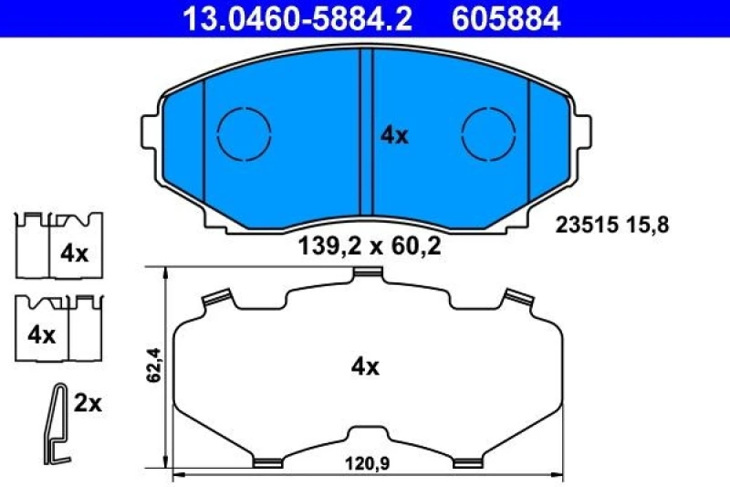 Image of ATE 13.0460-5884.2 Brake pad set with acoustic wear warning, with accessories, with anti-squeak plate Brake Pad Set,disc brake (402)