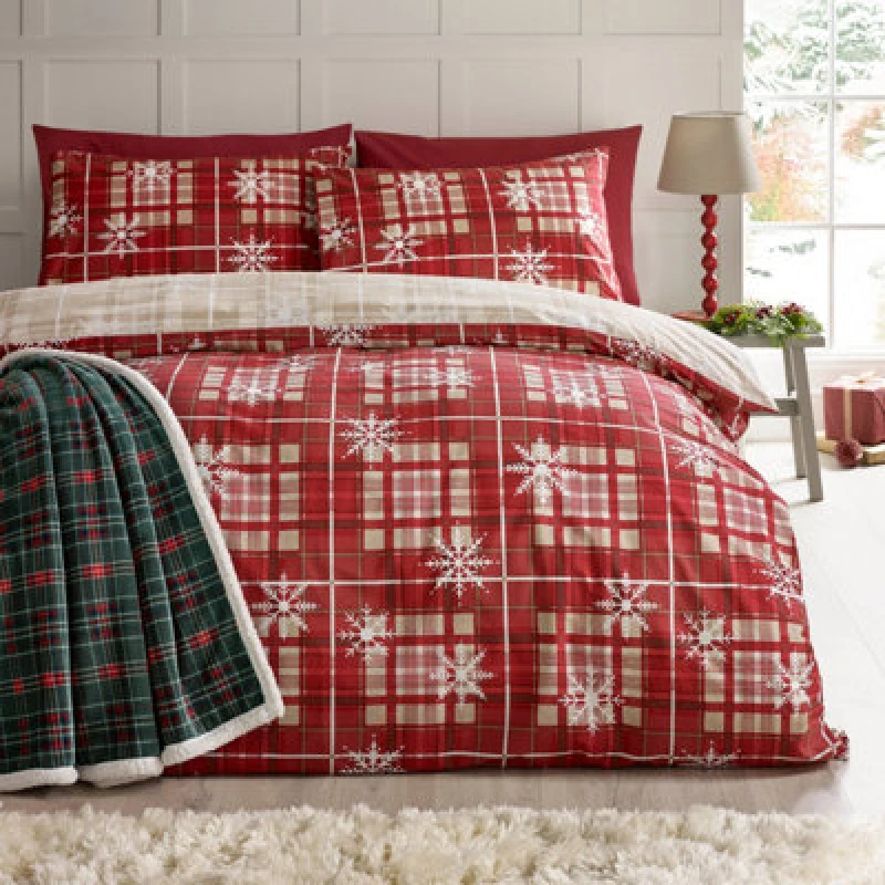 Image of Catherine Lansfield Christmas Scandi Check Reversible Double Duvet Cover Set With Pillowcases Red