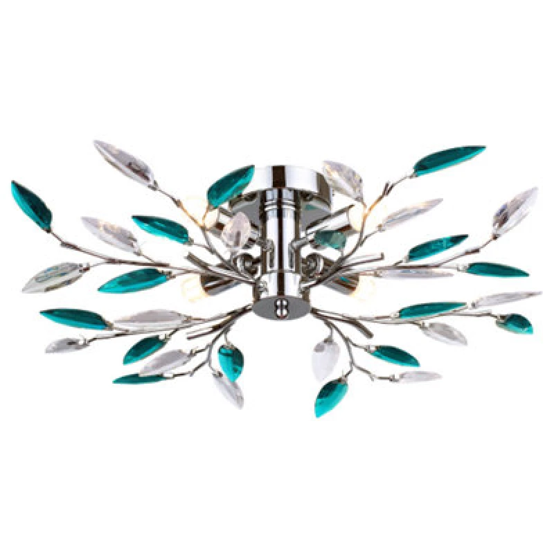 Image of Happy Homewares Modern Semi Flush Chrome Ceiling Light With Teal Acrylic Leaves