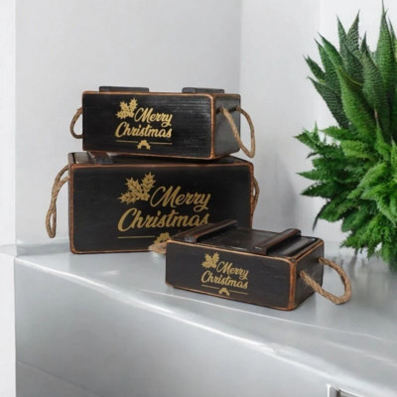Image of Minster Crates With Lids Rope Han (Set Of 3) - Wood - Black - Black