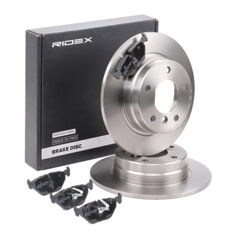 Image of RIDEX 3405B1502 Brake disc and pads set Rear Axle, Brake Disc Type: Solid, excl. wear warning contact, with piston clip Brake Set,disc brakes (3405)
