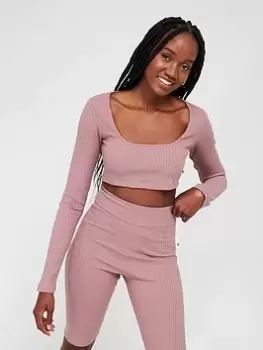Image of adidas Studio Lounge Rib Crop Long Sleeve Top - Light Red, Light Red Size M Women