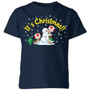 Image of Nintendo Super Mario Toad Snowman Merry Christmas Kid's T-Shirt - Navy - 11-12 Years