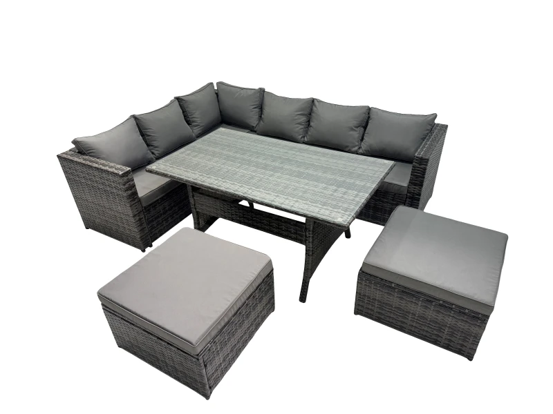 Image of Fimous Outdoor PE Rattan Sofa Set with with 2 Big Stools in Dark Grey Dark Grey Unisex