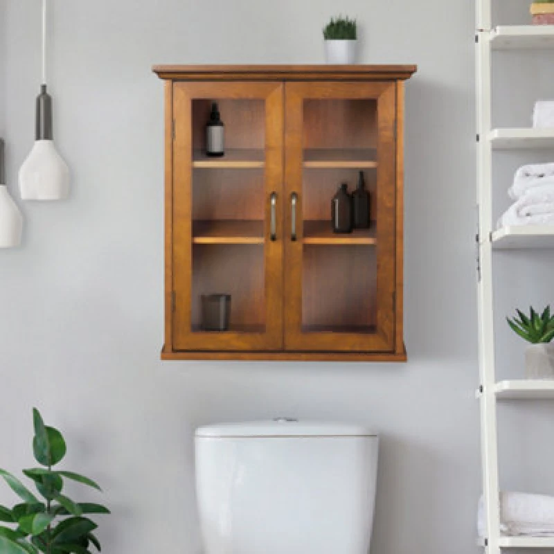 Image of Teamson Home Wall-Mounted Bathroom Cabinet With Glass Doors, Oiled Oak