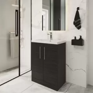 image of Arno Compact Floor Standing 2-Door Vanity Unit with Polymarble Basin 600mm Wide - Charcoal Black Woodgrain - Nuie