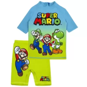 image of Super Mario Boys Short-Sleeved Swim Set (11-12 Years) (Blue/Green)