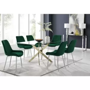 Image of Furniturebox Leonardo 150cm Modern Glass And Gold Metal Dining Leg Table And 6 Green Pesaro Velvet Silver Chrome Leg Dining Chairs