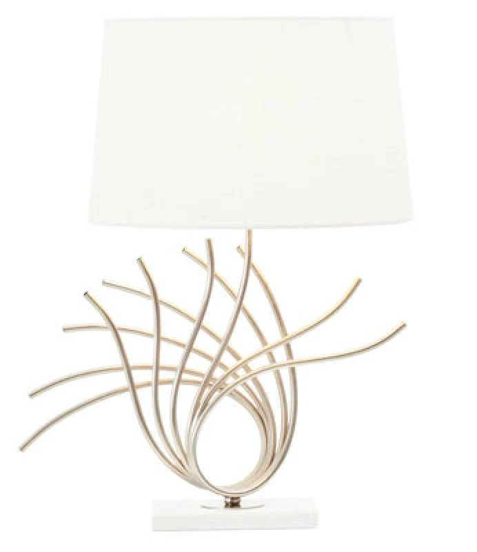 Image of Orsina Brushed Chrome Spoke Table Lamp, Sculptural Chrome Base With White Linen Shade, Modern Decorative Table Light